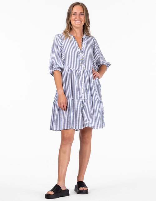 Clara Button Front V Neck Dress in Blue Stripe