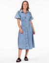 Austin Short Sleeve Button Down Midaxi Dress in Blue Wash Denim