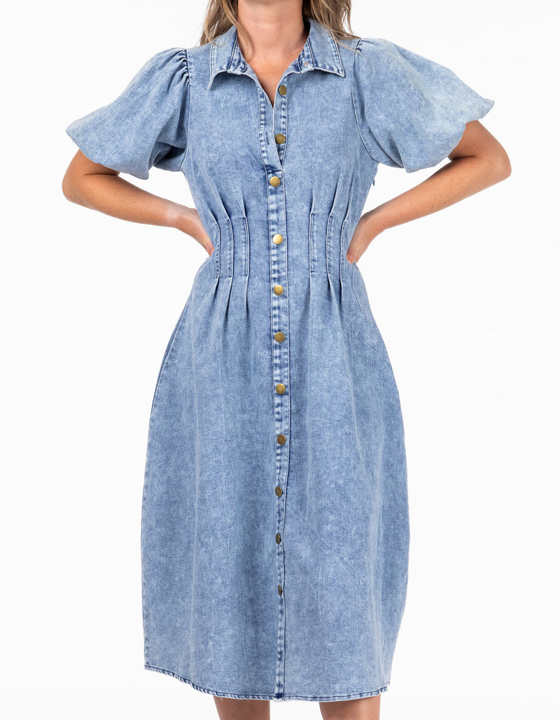 Austin Short Sleeve Button Down Midaxi Dress in Blue Wash Denim