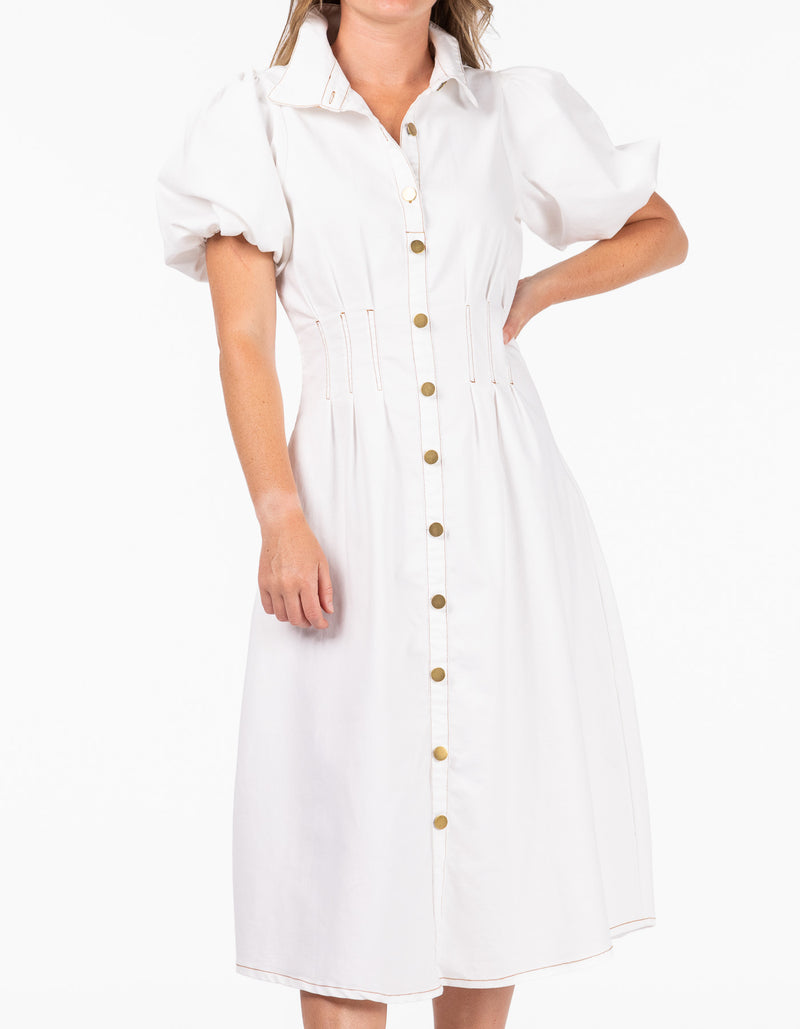 Austin Short Sleeve Button Down Midaxi Dress in White Denim