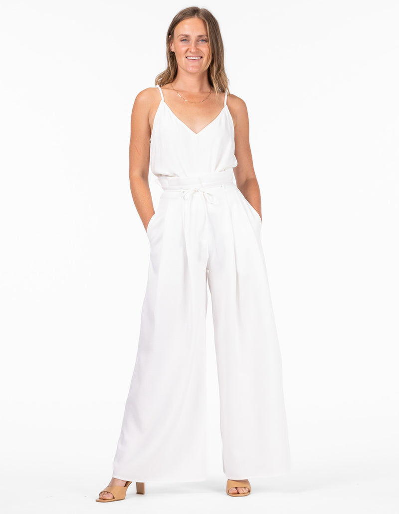 Madrid V Neck Adjustable Strap Top in White Linen