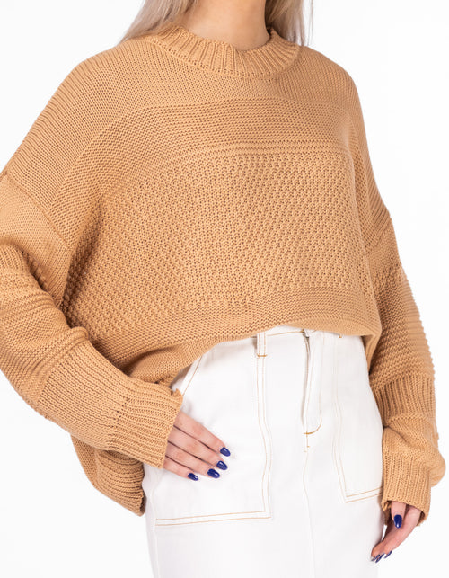 Alisha Crew Neck Texture Knit Jumper in Camel