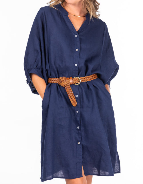 Burbank Relaxed Fit Button Down Dress in Navy Linen