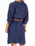 Burbank Relaxed Fit Button Down Dress in Navy Linen
