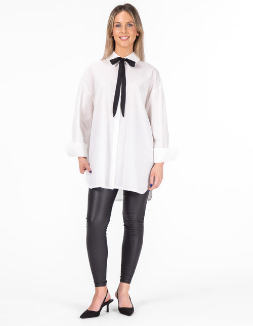 Perth Oversize Long Sleeve Black Tie Shirt in White