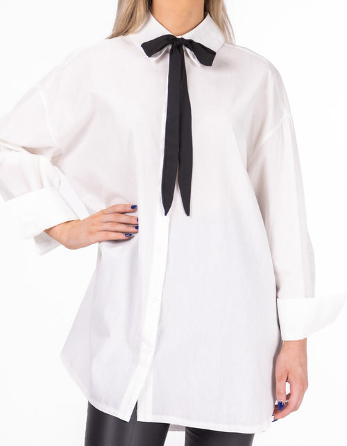 Perth Oversize Long Sleeve Black Tie Shirt in White