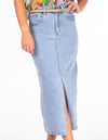 Lark Stretch Denim Fitted Skirt in Light Blue