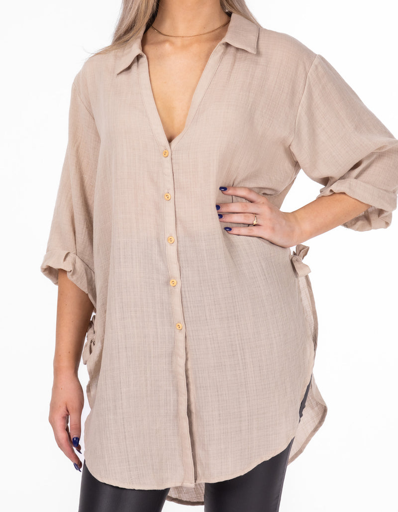 Hawthorn Oversize Button Down Shirt in Beige