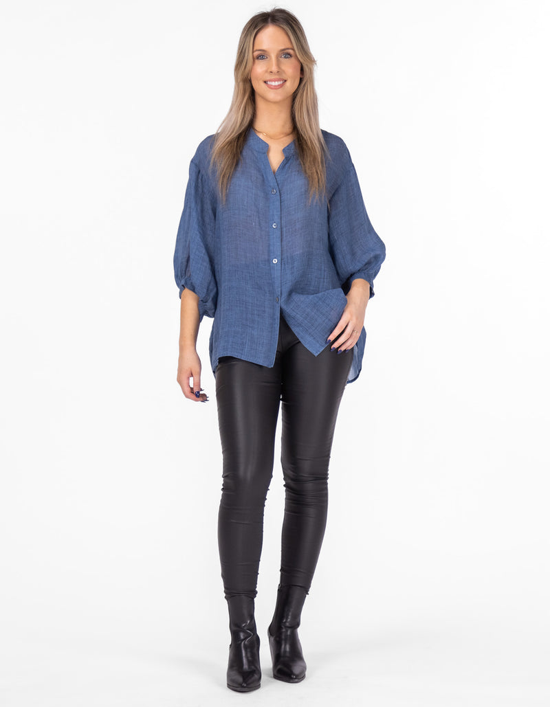 River Button Down Collarless Sheer Linen Shirt in Denim Blue