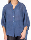 River Button Down Collarless Sheer Linen Shirt in Denim Blue