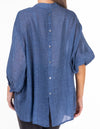 River Button Down Collarless Sheer Linen Shirt in Denim Blue