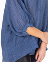 River Button Down Collarless Sheer Linen Shirt in Denim Blue