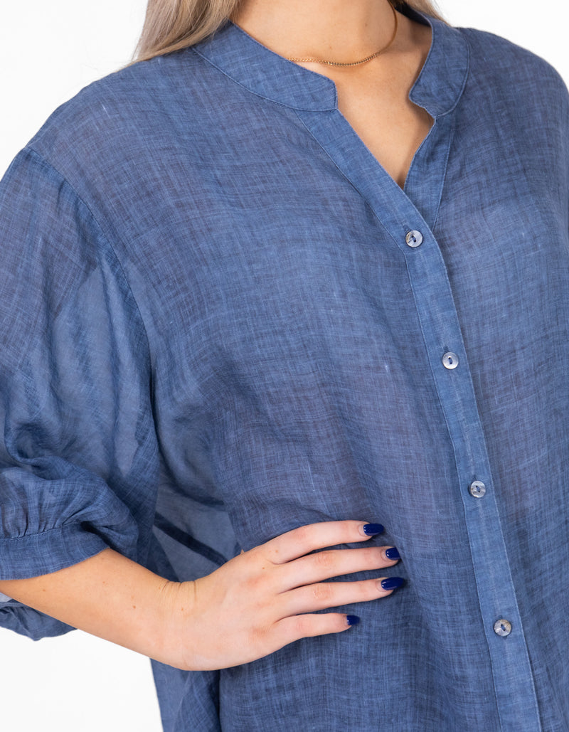 River Button Down Collarless Sheer Linen Shirt in Denim Blue