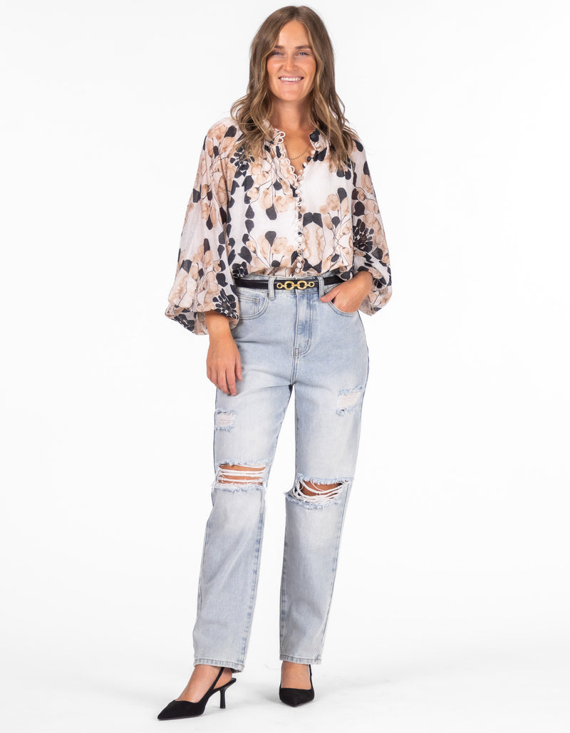 Fox Ripped Mom Jeans in Light Blue Wash Denim