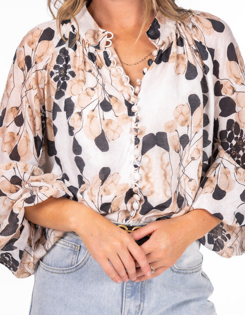 Adele Button Down Long Sleeve Blouse in Tan Print