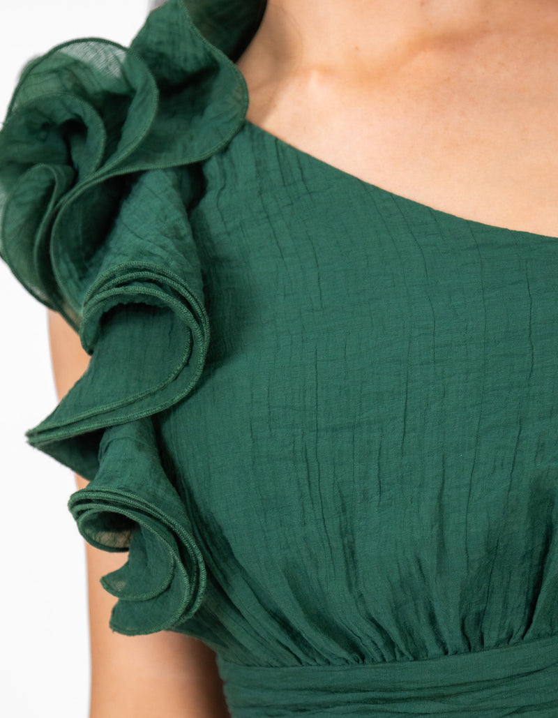 Alder One Shoulder Frill Midaxi Dress in Green