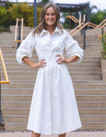 Maple Half Sleeve Button Down Midaxi Dress in White Denim