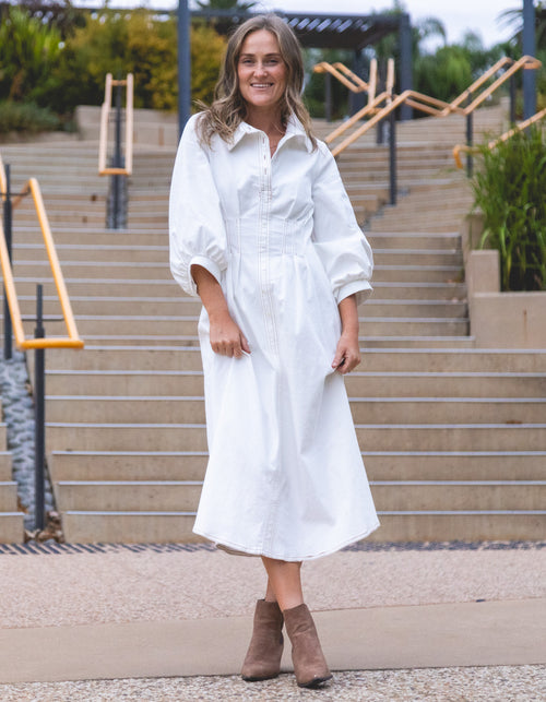 Maple Half Sleeve Button Down Midaxi Dress in White Denim