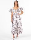 Camden Balloon Sleeve Twist Bodice Midaxi Dress in Brown/White Print