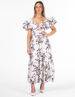 Camden Balloon Sleeve Twist Bodice Midaxi Dress in Brown/White Print