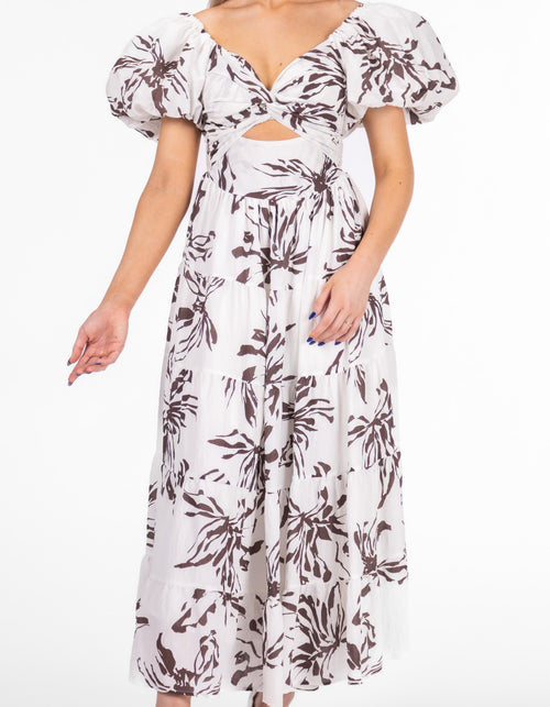Camden Balloon Sleeve Twist Bodice Midaxi Dress in Brown/White Print