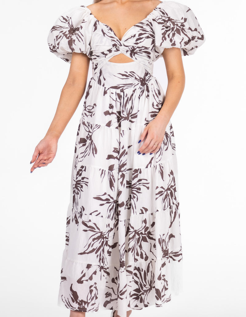 Camden Balloon Sleeve Twist Bodice Midaxi Dress in Brown/White Print