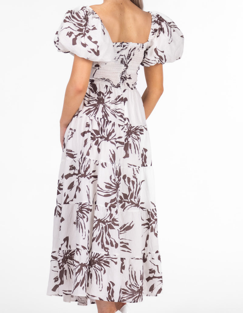 Camden Balloon Sleeve Twist Bodice Midaxi Dress in Brown/White Print