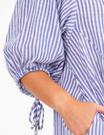 Eliza Button Front V Neck Dress in Blue/White Stripe