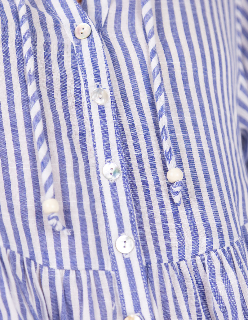 Eliza Button Front V Neck Dress in Blue/White Stripe