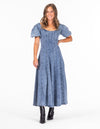 Ally Puff Sleeve Fitted Bodice Midaxi Denim Dress in Blue Wash