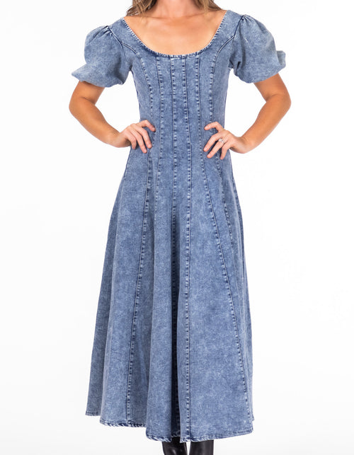 Ally Puff Sleeve Fitted Bodice Midaxi Denim Dress in Blue Wash