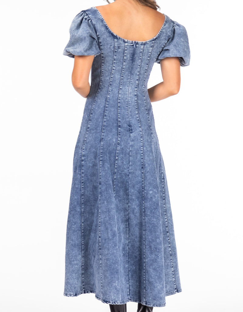 Ally Puff Sleeve Fitted Bodice Midaxi Denim Dress in Blue Wash