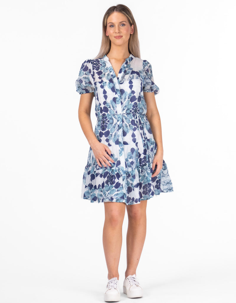 Adele Button Down Elastic Waist Short Dress in Blue Print