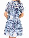 Adele Button Down Elastic Waist Short Dress in Blue Print