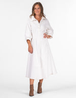 Maple Half Sleeve Button Down Midaxi Dress in White Denim