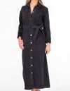 Poplar Button Down Midaxi Long Sleeve Denim Dress in Black