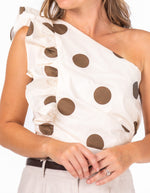 Janie One Shoulder Frill Top in Cream/Choc Print