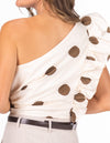 Janie One Shoulder Frill Top in Cream/Choc Print