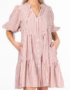 Clara Button Front V Neck Dress in Clay Stripe