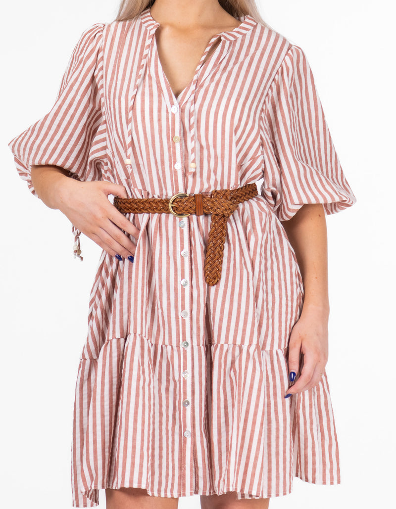 Clara Button Front V Neck Dress in Clay Stripe