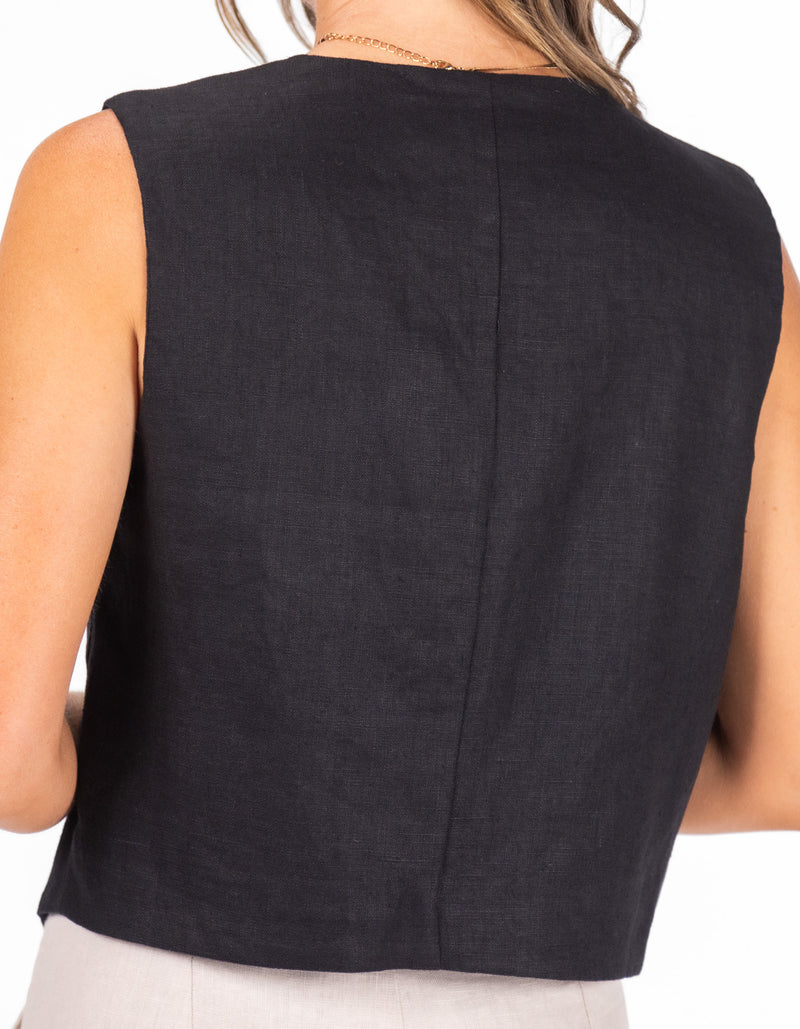 Seattle Sleeveless Button Down Vest Top in Black Linen