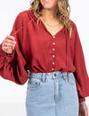 Bridget Balloon Sleeve V Neck Top in Rust