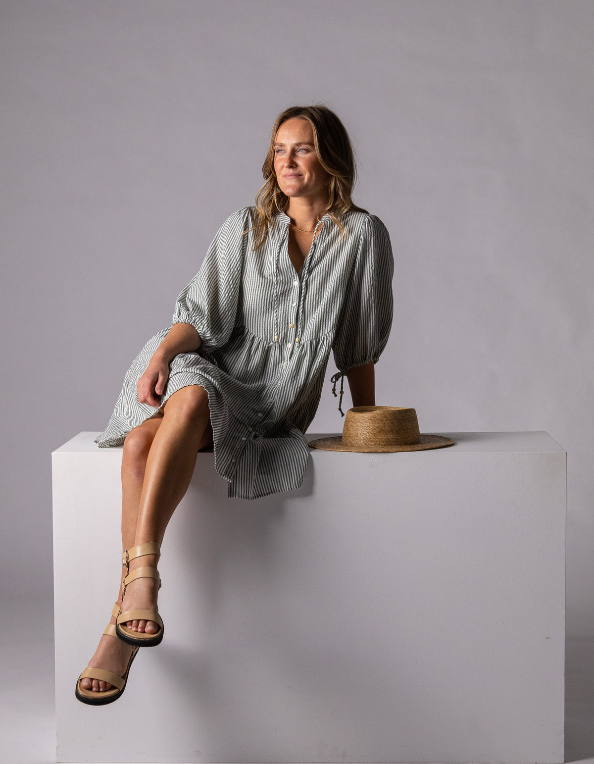 Eliza Button Front V Neck Dress in Green Stripe