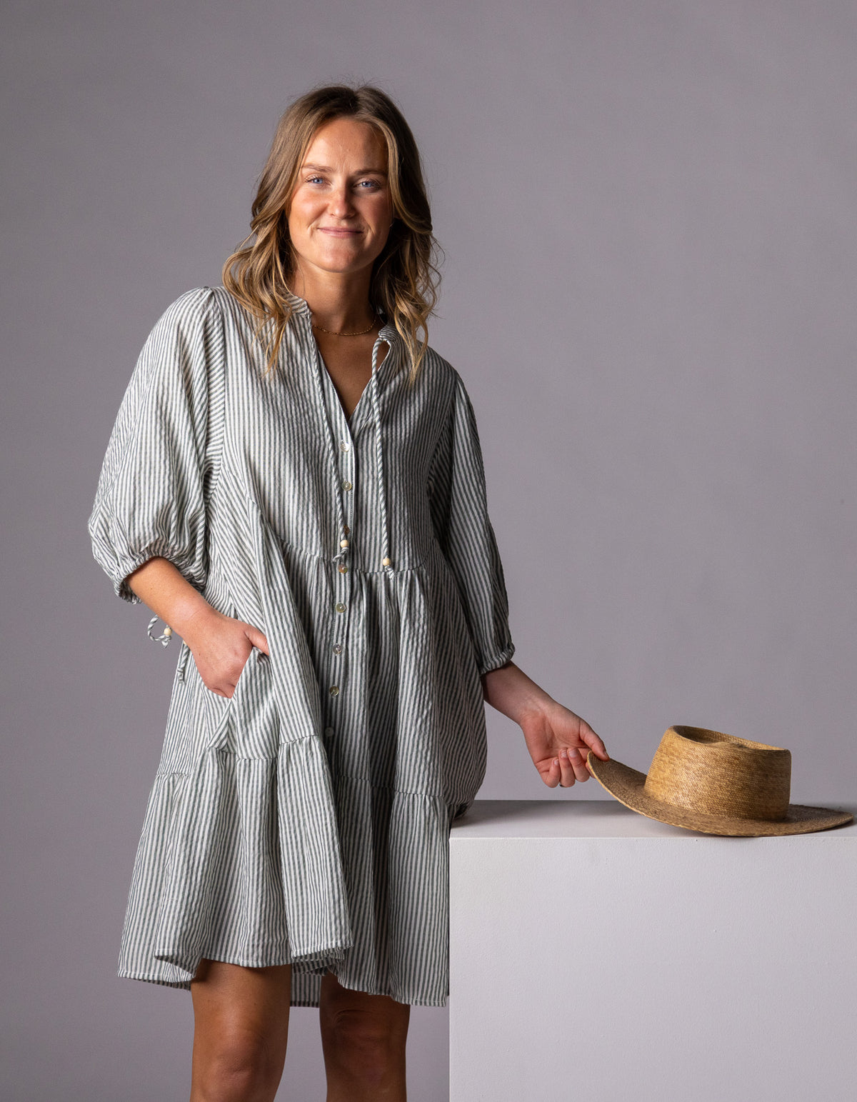 Eliza Button Front V Neck Dress in Green Stripe