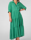 Remmi V Neck Tiered Midi Dress in Green