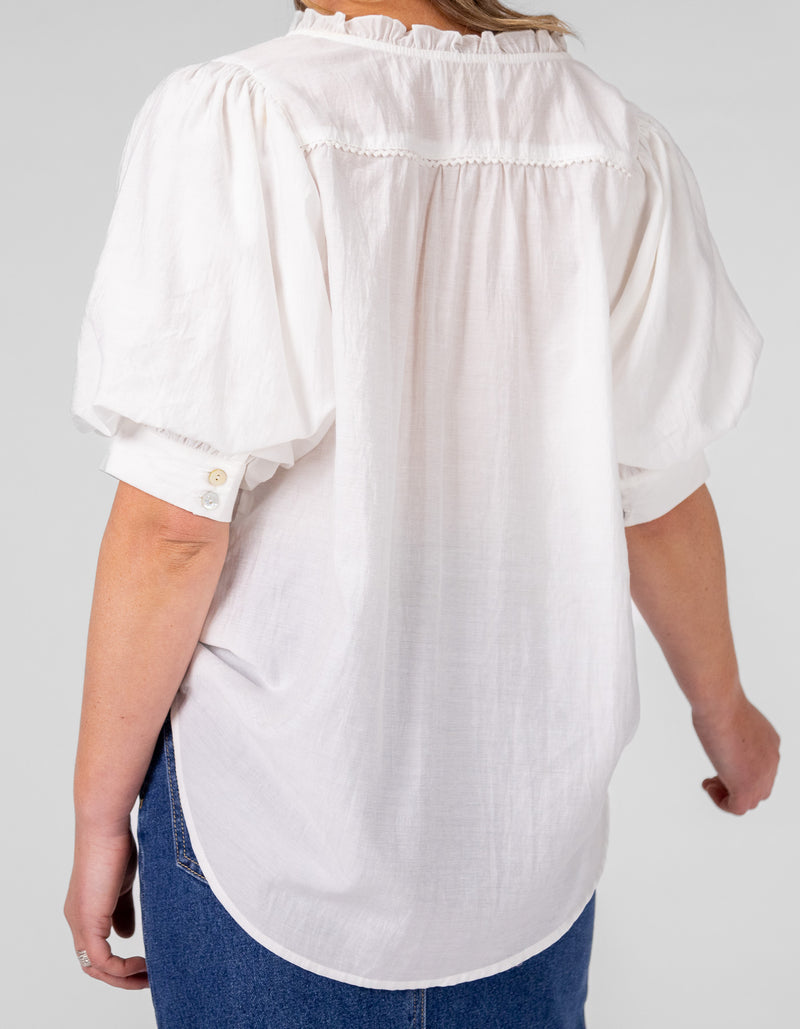 Paris Bulb Sleeve Button Down Top in White