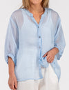 River Button Down Collarless Sheer Linen Shirt in Light Blue