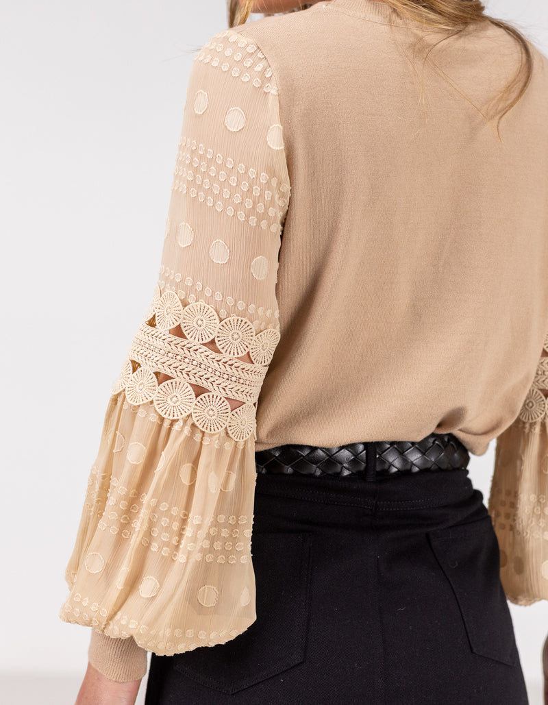 Teagan Long Sleeve Lace Sleeve Top in Latte