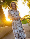 Eva Button Down Long Sleeve Midi Dress in Tan Print