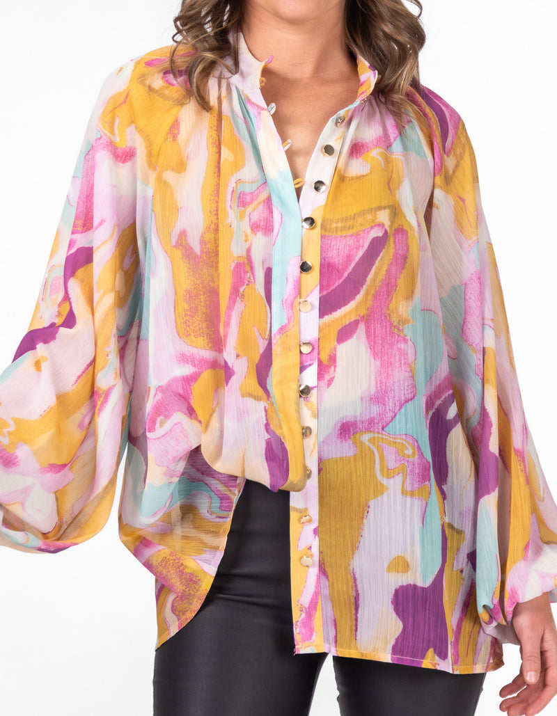 Petal Gold Button Down Blouse in Pink/Mustard Print